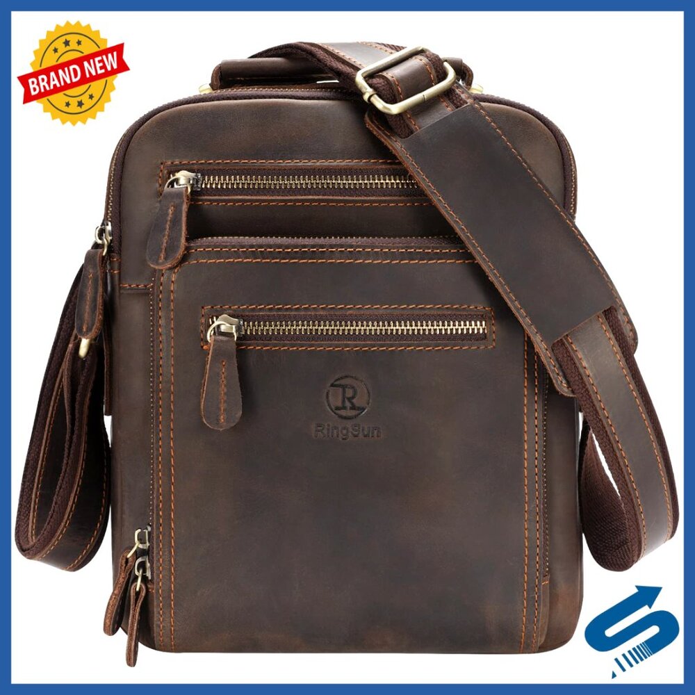 Genuine Leather Messenger Bag Crossbody Shoulder Bag With Zipper Pockets